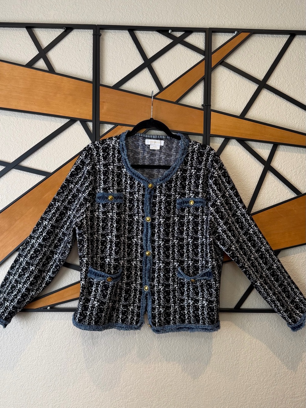 Cocobleu Classic Black & White Tweed Jacket with Denim Trim